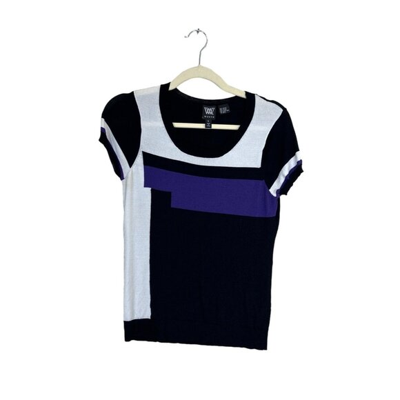 W by Worth Women's Knit Top Short Sleeve Sweater Color Block Black Purple White - Picture 5 of 6